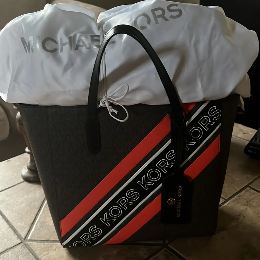 Michael Michael Kors Brown/Black/Orange Large Sinclair Logo Tape Tote - Picture 5 of 12